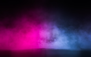 Empty scene  with glowing pink and blue smoke environment atmosphere on floor.  Fashion vibrant colors spectrum background. 3d rendering.