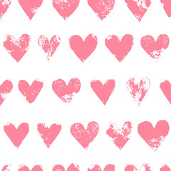 Grunge sponge print rough pink hearts on white seamless pattern, vector