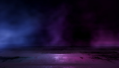 Empty scene  with glowing pink and blue smoke environment atmosphere reflect on floor.  Fashion vibrant colors spectrum background. 3d rendering.