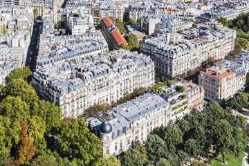 Aerial view of city rooftops from the Eiffel Tower in Paris, France