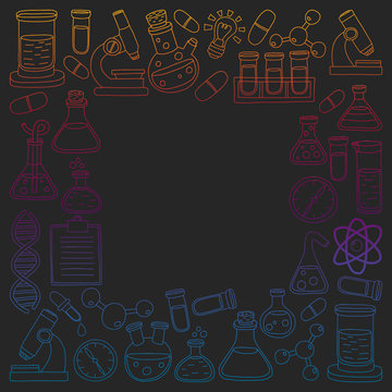 Vector set of chemistry, science icons. Pattern with laboratory equipment images.