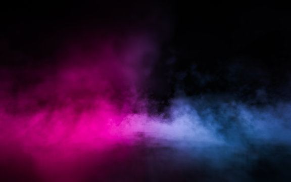Empty scene  with glowing pink and blue smoke environment atmosphere on floor.  Fashion vibrant colors spectrum background. 3d rendering.