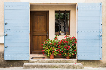 Blue french windows and doors in Provence, France
