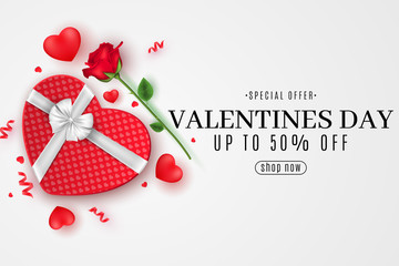 Valentine's Day web banner for sale. Top view. Romantic composition with gift box of heart and rose flower. Special offer. Design for your business. Scattered serpentine. Vector illustration