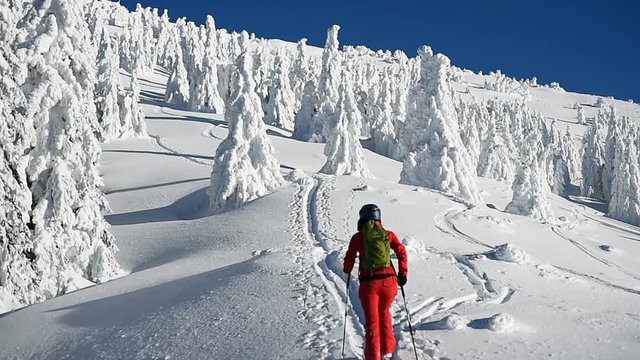 Ski touring in the Carpathian Mountains on a beautiful sunny day