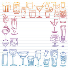 Vector set of popular cocktails for the menu. Doodle style icons.