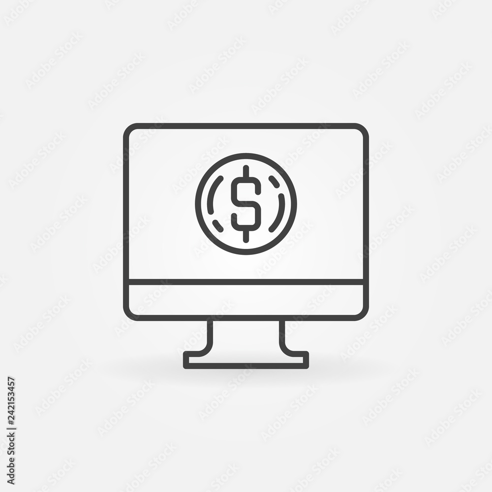 Poster computer with coin outline icon. vector pc money donation concept symbol in thin line style