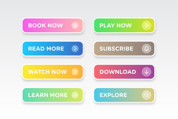 Set of Colorful clean style buttons vector modern material. Different gradient colors and icons on white forms with shadows