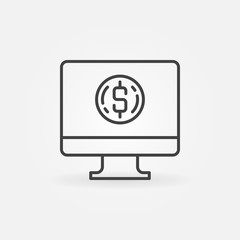 Computer with coin outline icon. Vector PC money donation concept symbol in thin line style