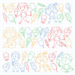 Small children eating ice cream. Sweet strawberry candy for kids. Tasty vanilla, orange, kiwi dessert.