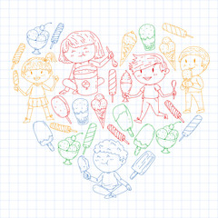 Fototapeta premium Small children eating ice cream. Sweet strawberry candy for kids. Tasty vanilla, orange, kiwi dessert.