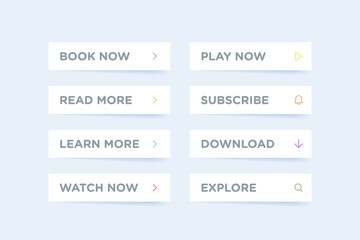 Set of white clean style buttons vector modern material. Different icons on white forms with shadows