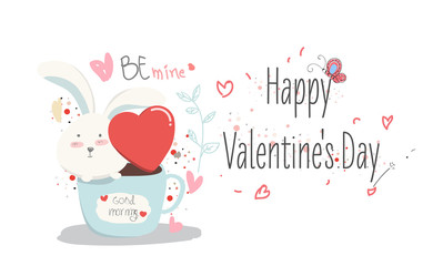 Fototapeta na wymiar happy valentine day,lovely cartoon rabbit with heart,love,creative drawn hands made card,elements,love,flyers, invitation,brochure, banners,posters