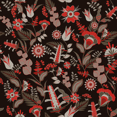seamless pattern of small flowers and leaves, in folk, decorative, style, textiles, packaging paper, wallpaper
