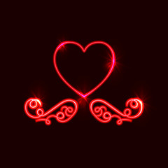 Vector Neon Calligraphic Design Element with Shining Red Heart, Isolated.