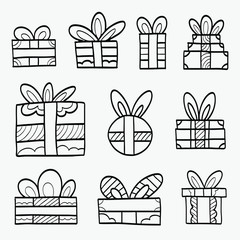 Children's drawings of gift boxes in black and white