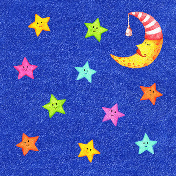 hand drawn illustration of sleeping moon in a white and red striped nightcap and funny little smiling colorful stars in the night sky by the color pencils