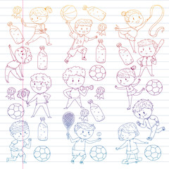Fototapeta premium Children sport competitions. Young atheles playing soccer, football, baseball, basketball. Boys and girls running. Images of rhythic gymnastics, figure skating.