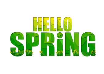 Paper cut out style. Phrase Hello spring with yellow crocus flowers