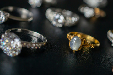Vintage gold Jewelry blue sapphire and diamond ring on black background