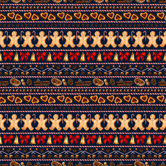 Festive bright seamless pattern with lined elements on dark blue background. Illustration of winter holiday attributes: gingerbread, cookies, candy cane, sweets, nuts and a red bow. Hand-drawn