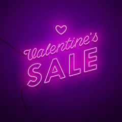 Valentine`s Day Sale background. Vector retro neon sign. 