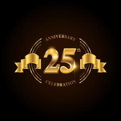 25 years anniversary celebration logotype. Golden anniversary emblem with ribbon. Design for booklet, leaflet, magazine, brochure, poster, web, invitation or greeting card.