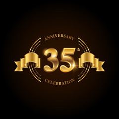 35 years anniversary celebration logotype. Golden anniversary emblem with ribbon. Design for booklet, leaflet, magazine, brochure, poster, web, invitation or greeting card.