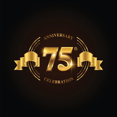 75 years anniversary celebration logotype. Golden anniversary emblem with ribbon. Design for booklet, leaflet, magazine, brochure, poster, web, invitation or greeting card.