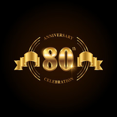 80 years anniversary celebration logotype. Golden anniversary emblem with ribbon. Design for booklet, leaflet, magazine, brochure, poster, web, invitation or greeting card.