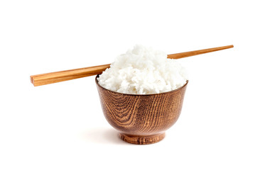 Fototapeta na wymiar jasmine rice hot cooked in wooden bowl with chopsticks