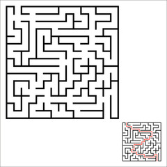 Abstract square maze. An interesting and useful game for kids. Children's puzzle. Labyrinth conundrum. Simple flat vector illustration isolated on color background. With the answer.
