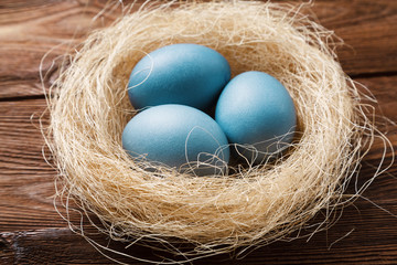 Three blue Easter eggs painted by hibiscus, in a nest with feathers on a wooden background. Easter symbol. Copy space