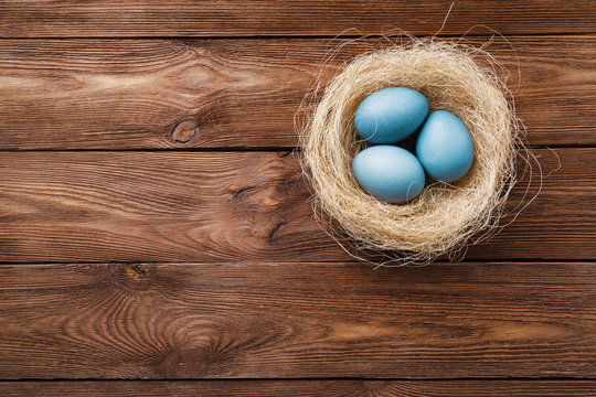 Three blue Easter eggs painted by hibiscus, in a nest with feathers on a wooden background. Easter symbol. Copy space