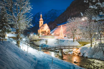 Fotobehang Church of Ramsau in winter twilight, Bavaria, Germany © JFL Photography