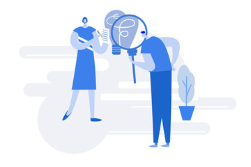 Vector illustration man and woman of the search for ideas in the office.