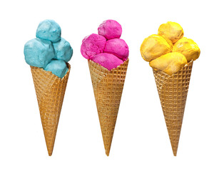 colorful ice cream in waffle cone isolated on white background