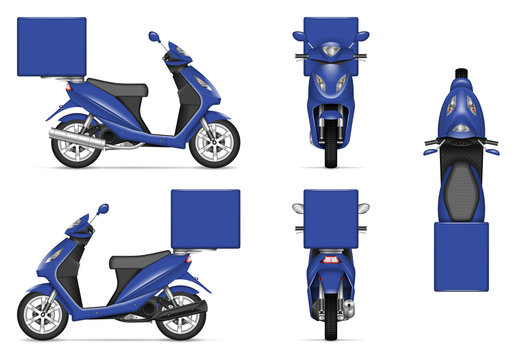 Fototapeta Delivery motorcycle vector mockup for vehicle branding, advertising, corporate identity. Isolated template of realistic blue scooter on white background. All elements in the groups on separate layers
