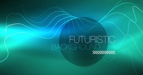 Glowing abstract wave on dark, shiny motion, Christmas and New Year magic space light. Techno abstract background