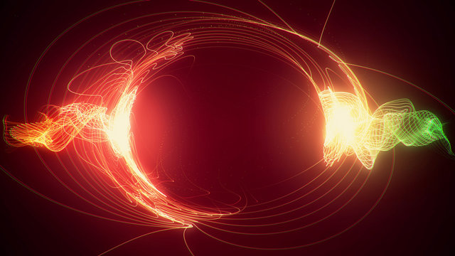 Abstract Red And Green Futuristic Sci-fi Plasma Circular Form. 3D Illustration Of Shining Energy Force Field Light Strokes Waving On A Ring Motion Path For Logo Or Text. 4K Ultra HD