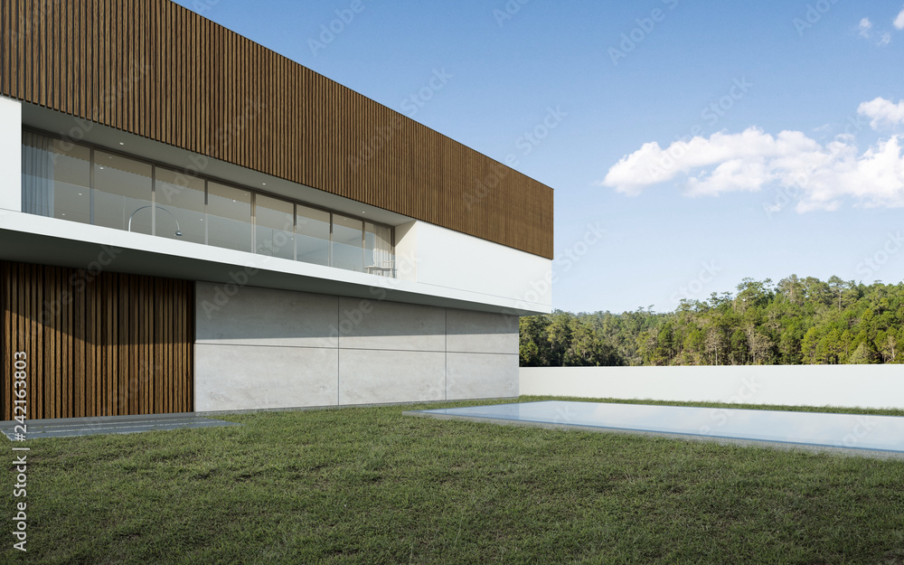 Poster Perspective of luxury modern house with swimming pool and lawn yard in day time, Idea of minimal architecture design. 3D rendering 