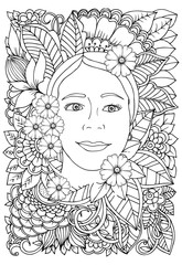 Vector coloring page. Beautiful woman and flowers. Doodles. Monochrome image. Black and white illustration