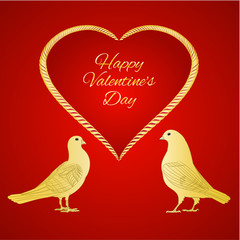 Golden birds Pigeons and heart valentines place for text red background vintage vector illustration editable hand draw