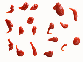 Set of ketchup splashes isolated white - obrazy, fototapety, plakaty