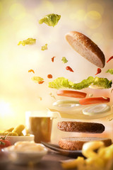 Snack with burger flying for a moment of entertainment