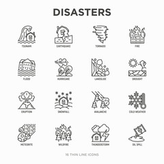 Disasters thin line icons set: earthquake, tsunami, tornado, hurricane, flood, landslide, drought, snowfall, eruption, thunderstorm, avalanche, meteorite, wildfire. Modern vector illustration.