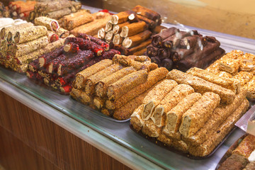 Tasty eastern sweets in the Turkish market