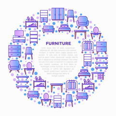 Furniture concept in circle with thin line icons: dressing table, sofa, armchair, wardrobe, chair, table, bookcase, bed, clothes rack, desk. Elements of interior. Vector illustration.