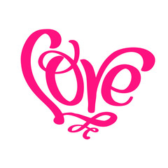 Fototapeta premium Calligraphy word Love. Vector Valentines Day Hand Drawn lettering. Heart Holiday sketch doodle Design valentine card. love decor for web, wedding and print. Isolated illustration