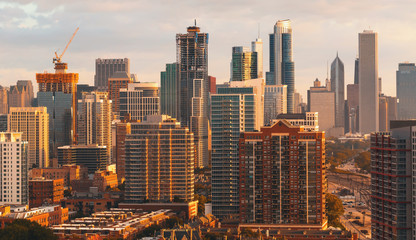 Downtown Chicago cityscape skyscrapers skyline at sunset